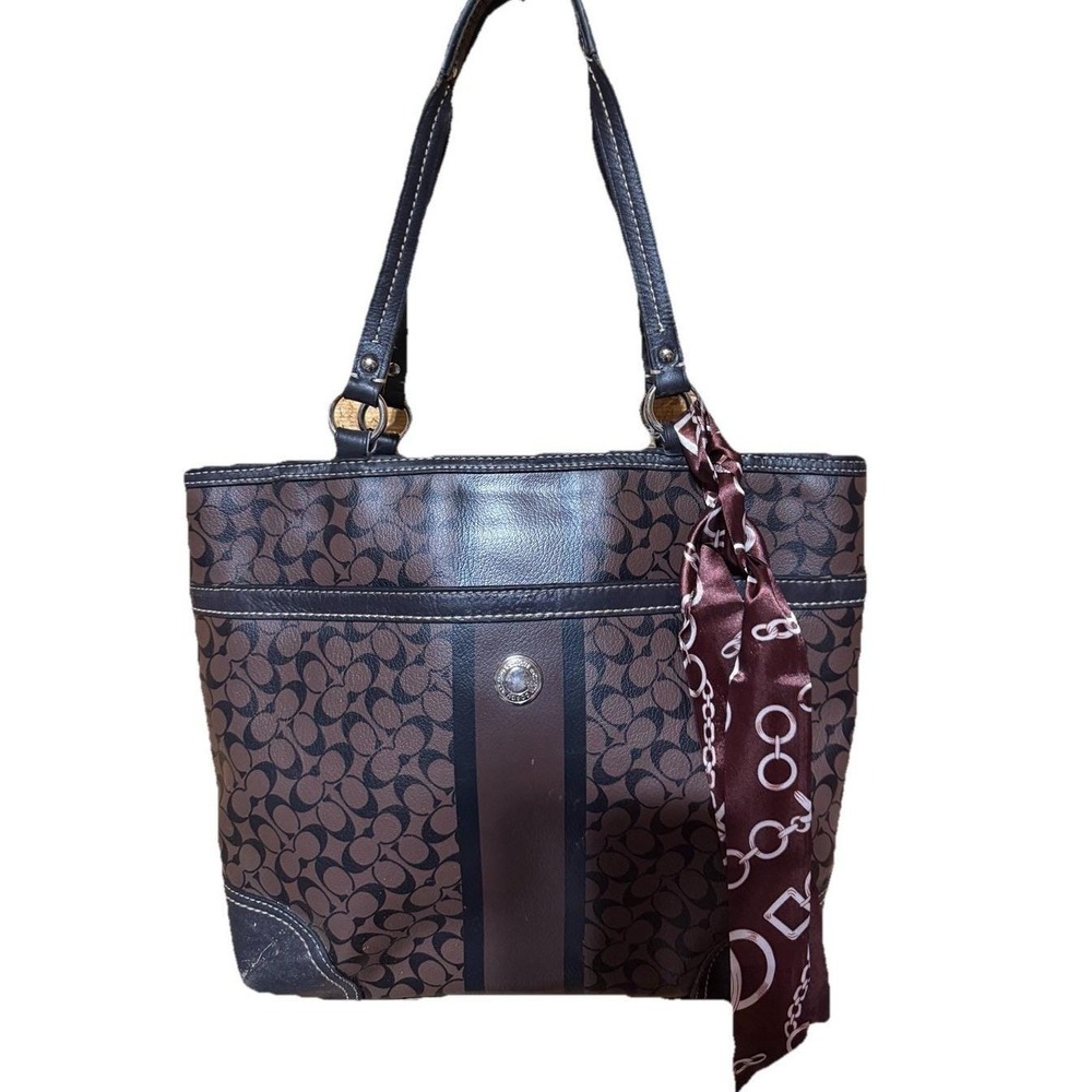 Coach‎ Signature C Dark Brown Tote Shoulder Bag Purse With Scarf